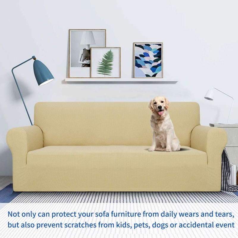MAXIJIN Super Stretch Couch Cover for 3 Cushion Couch, 1-Piece Universal Sofa Covers Living Room Jacquard Spandex Furniture Protector Dogs Pet Friendly Fitted (Large, Beige) - Image 2